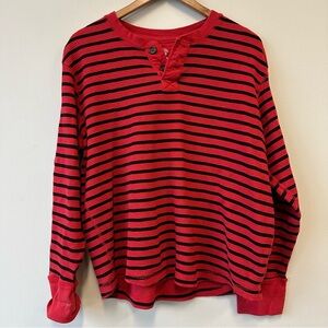 Red and Black Striped Long Sleeve Waffle Knit Thermal Henley Shirt